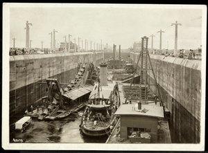 View of barges in the Panama Canal under construction